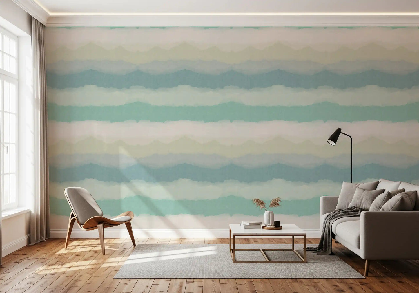 Relax Watery Painted Horizon wallpaper sits next to a daylight living room.