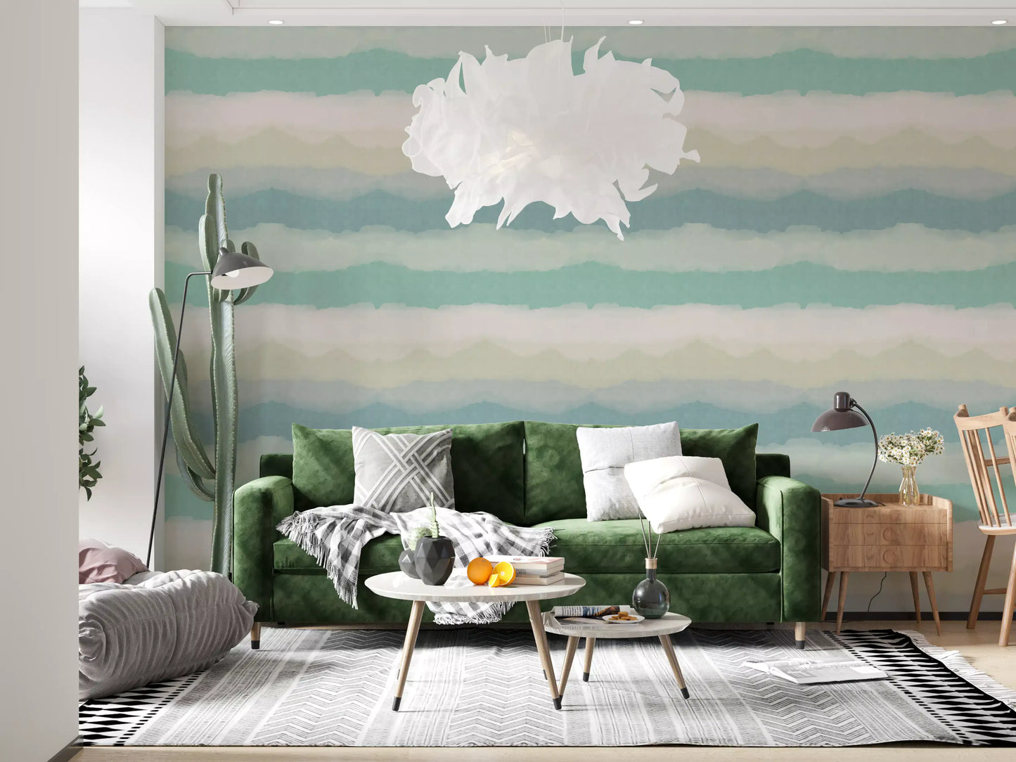 A lounge area finishes calmly under the Relax Watery Painted wallpaper layout.