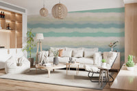 Teal sky and dusty ridge meet a Living room across the Relax Horizon wallpaper bands.