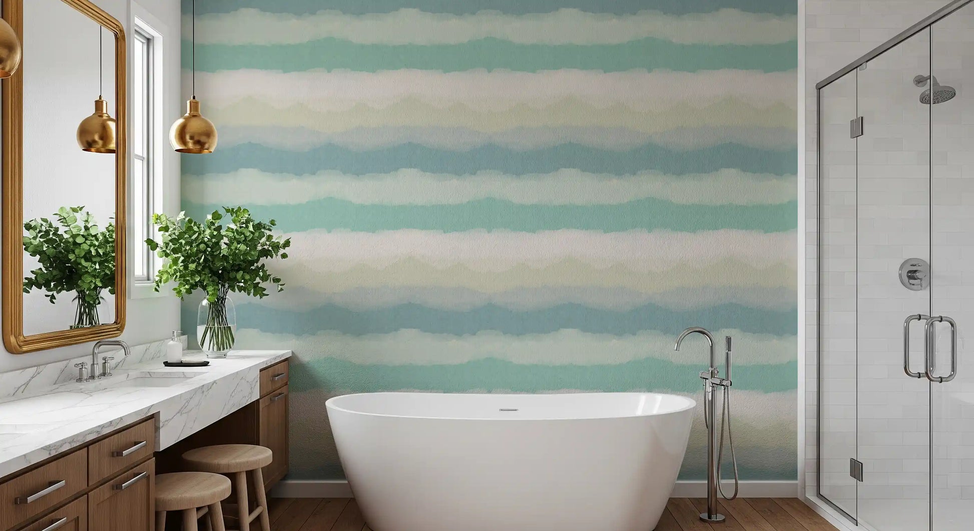 Horizontal bands stack from teal sky to dusty ridge in the Relax Watery wallpaper.