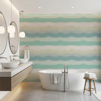 Quiet bathroom takes on the Relax Watery Painted Horizon wallpaper for a daylight glow.