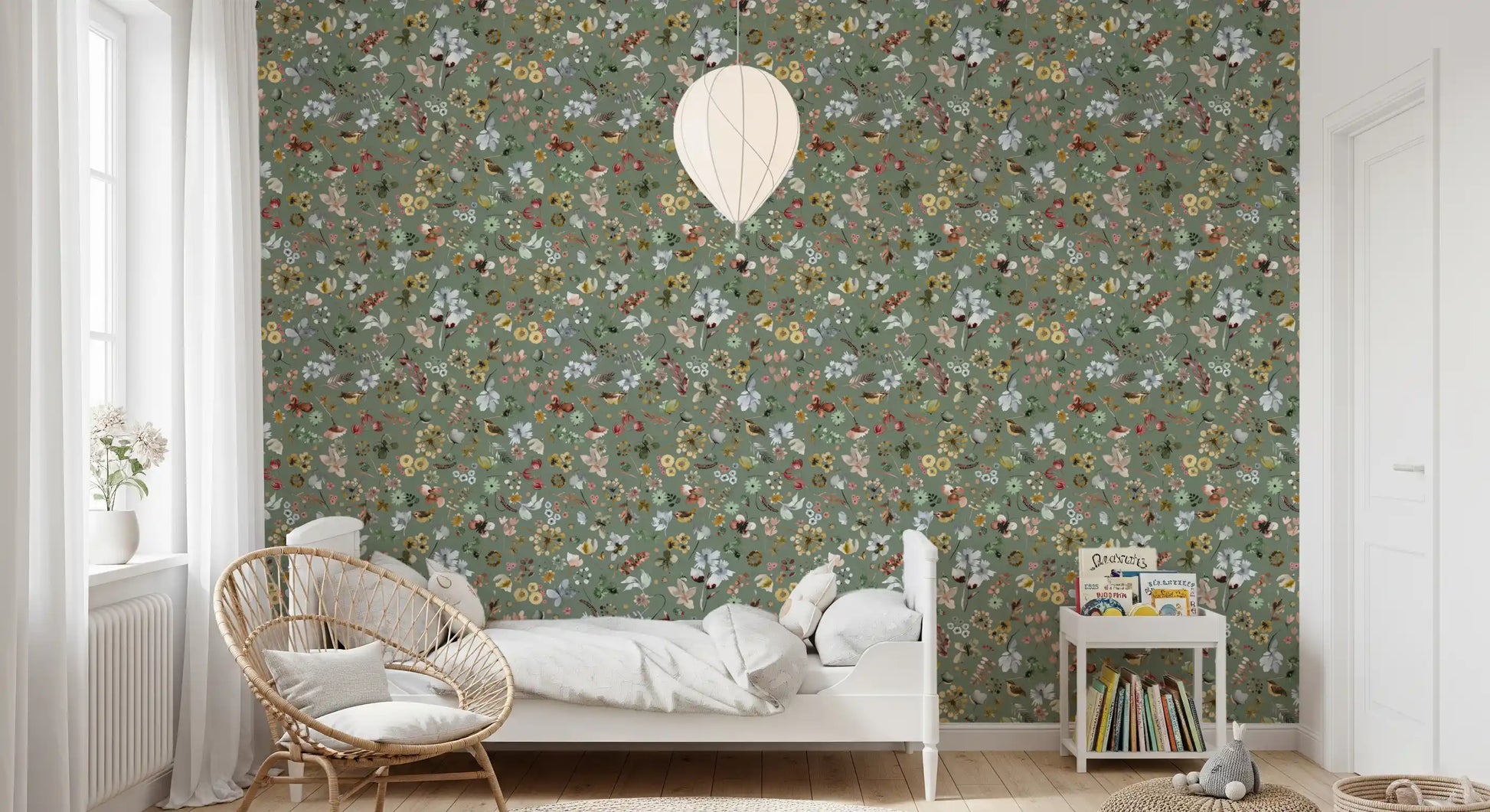 Curved leaf sprigs weave between blooms on the Watercolor Jade Green Wallpaper.