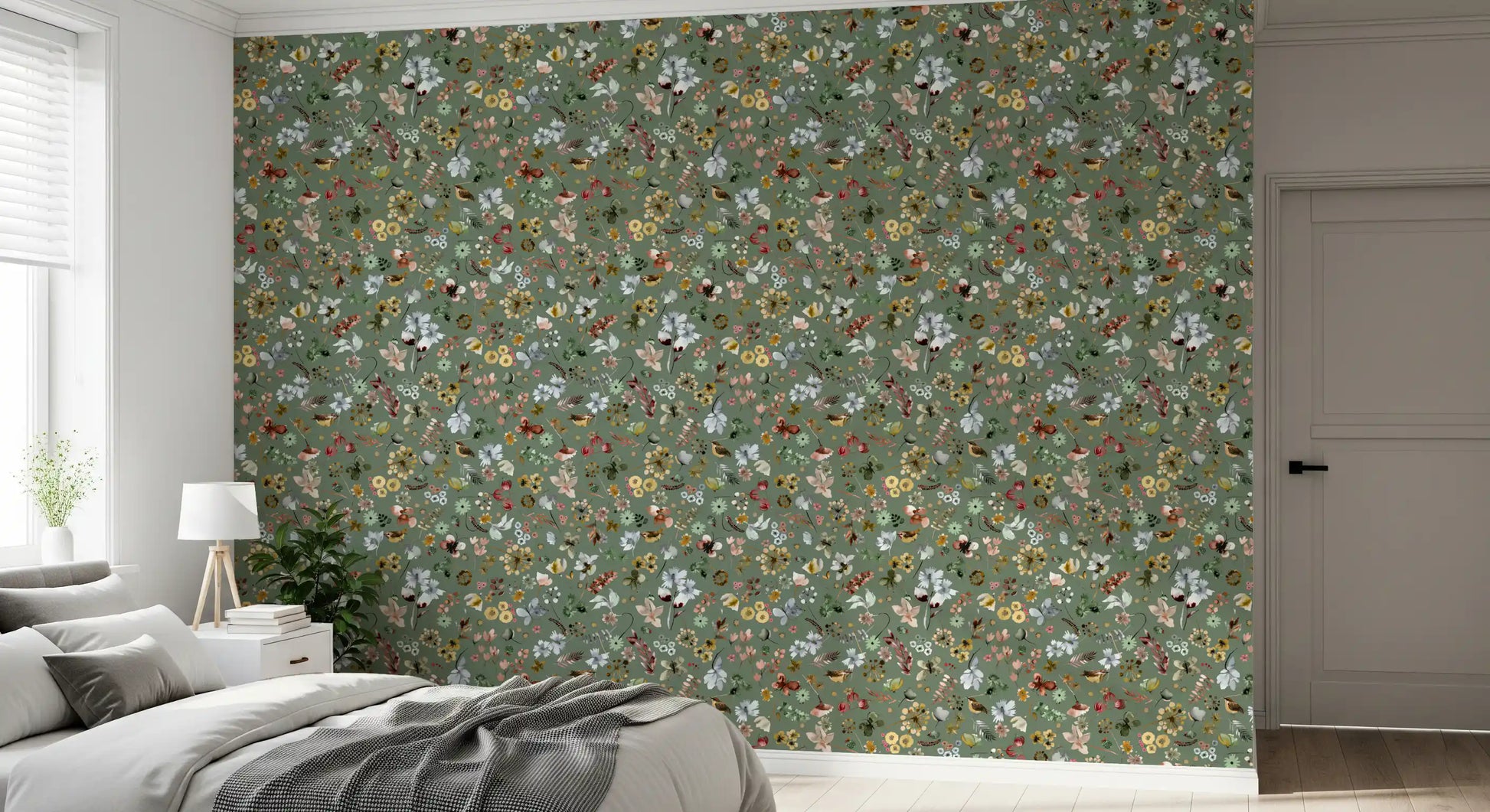 Mustard yellows and rust tones mix among watercolor blooms on this wallpaper.