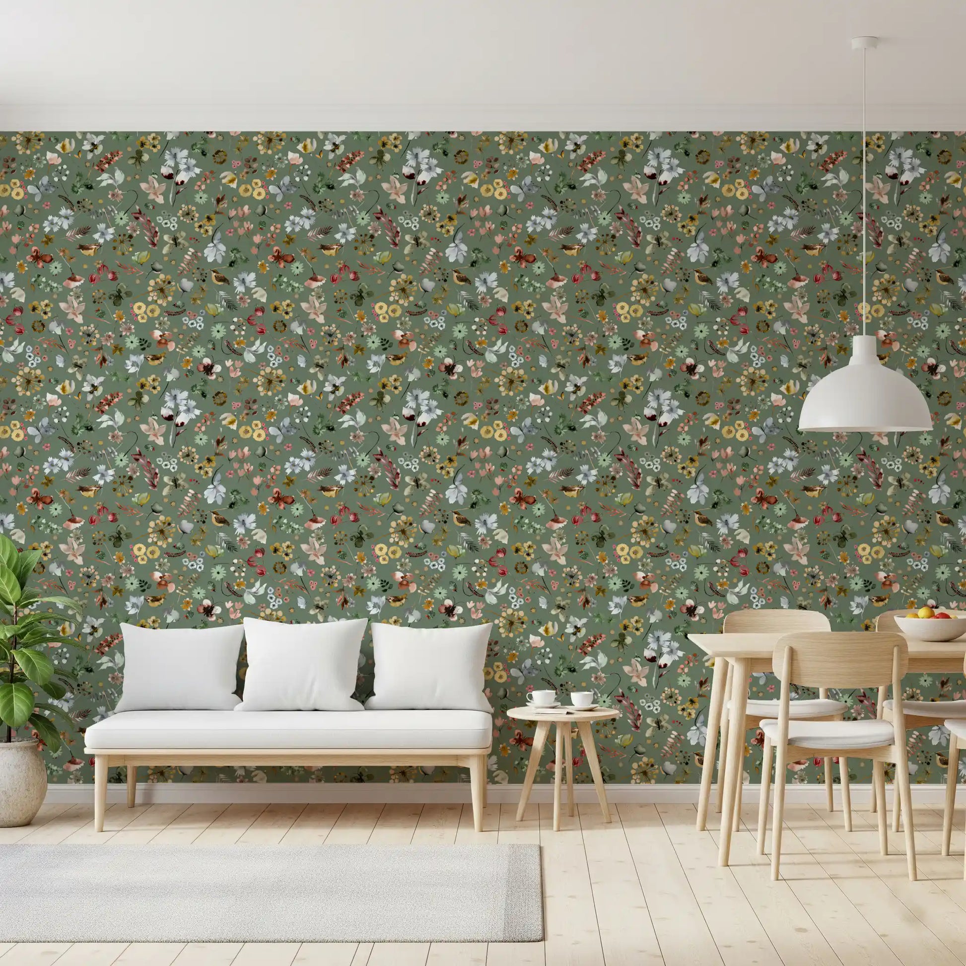 Watercolor wrens wander among berries and dandelions on the Woodland Wallpaper.