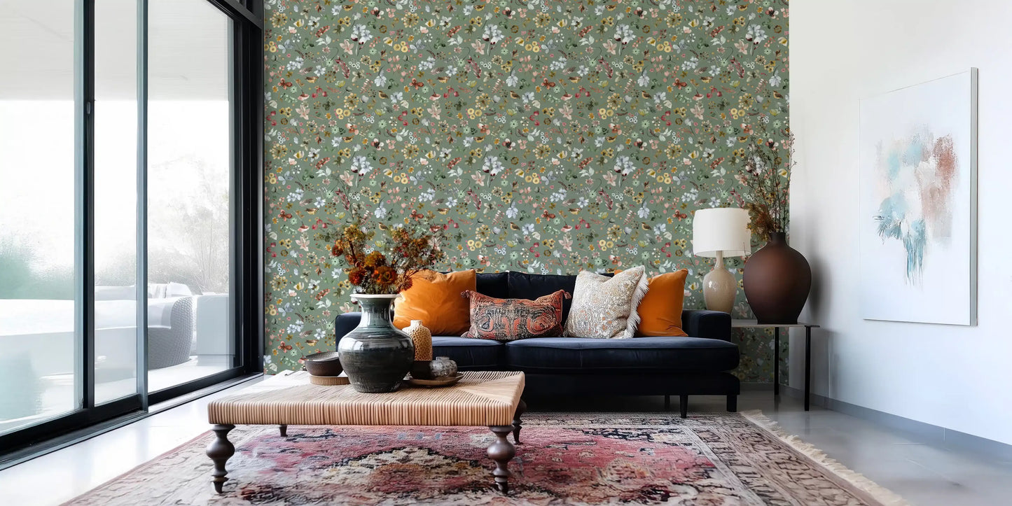 The Earthy Woodland Watercolor Jade Green Wallpaper runs gently along a hallway.