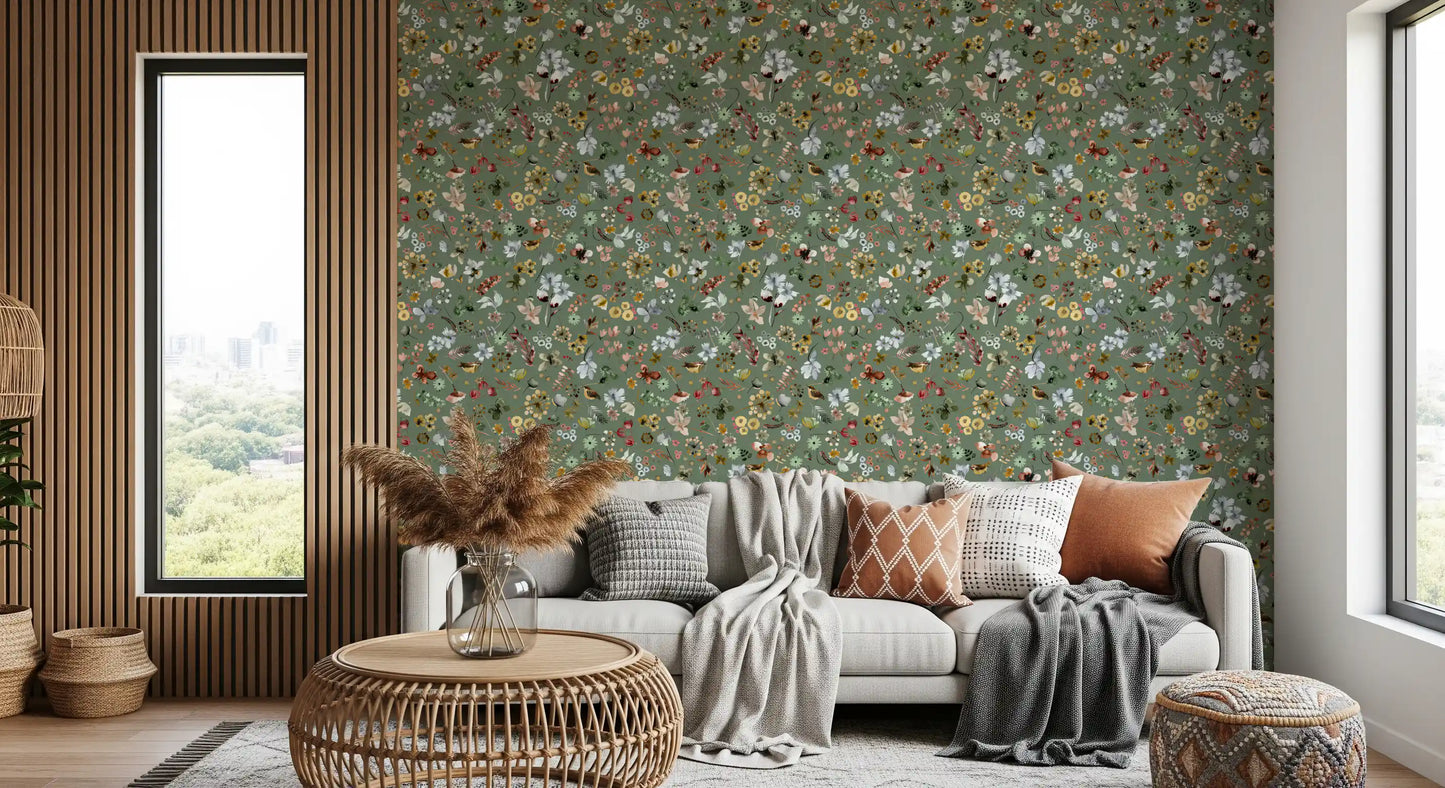 Quiet meadow tones and small wrens cover a Hallway on this wallpaper.