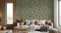 Quiet meadow tones and small wrens cover a Hallway on this wallpaper.