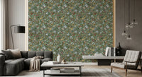 Butterflies and wildflowers drift around a living room on the Jade Green Wallpaper.