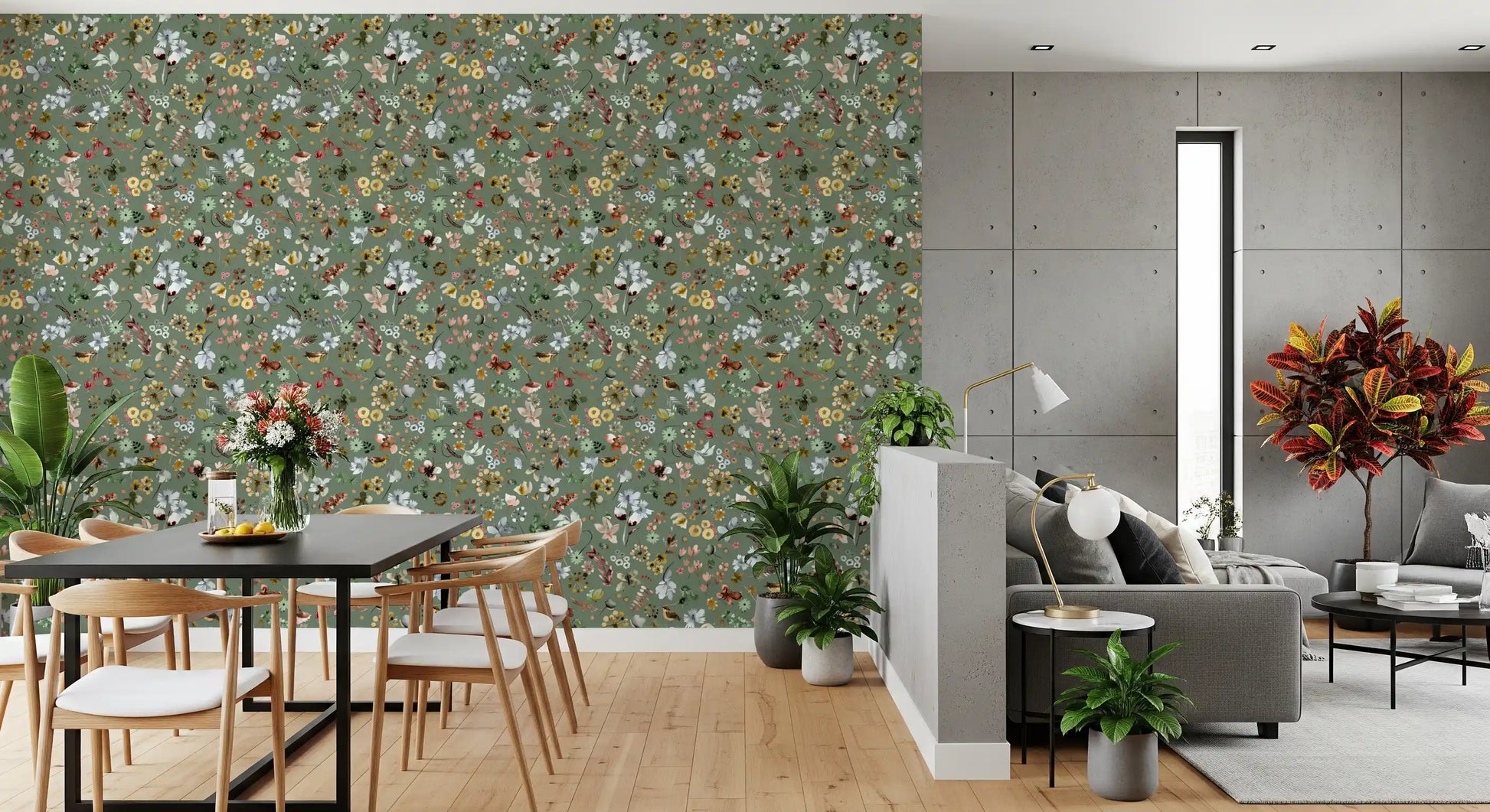 Painted florals and small wrens dress a dining room on the Watercolor Wallpaper.