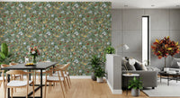 Painted florals and small wrens dress a dining room on the Watercolor Wallpaper.