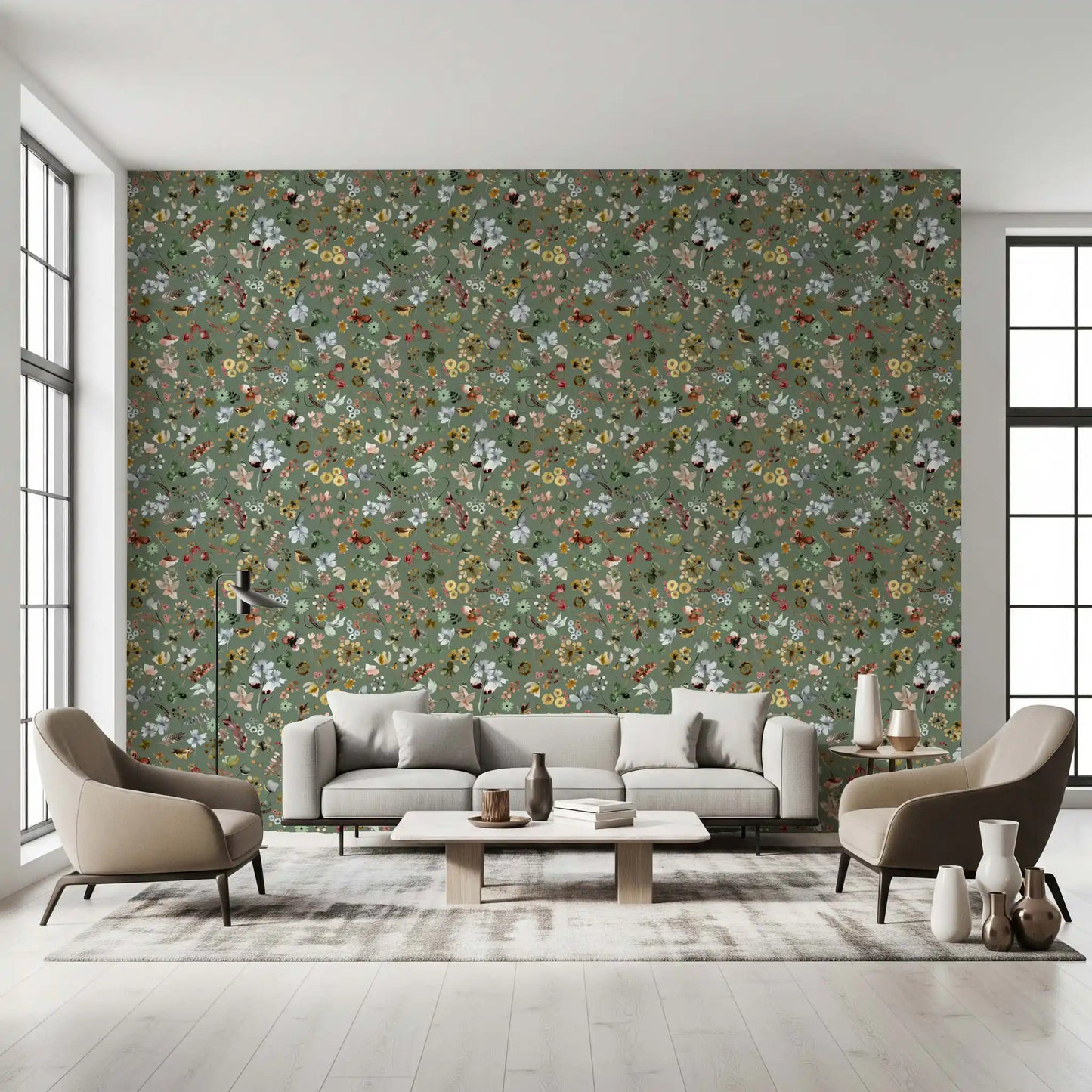 Tiny florals and slender leaves dot the Earthy Woodland Watercolor Jade Green Wallpaper.