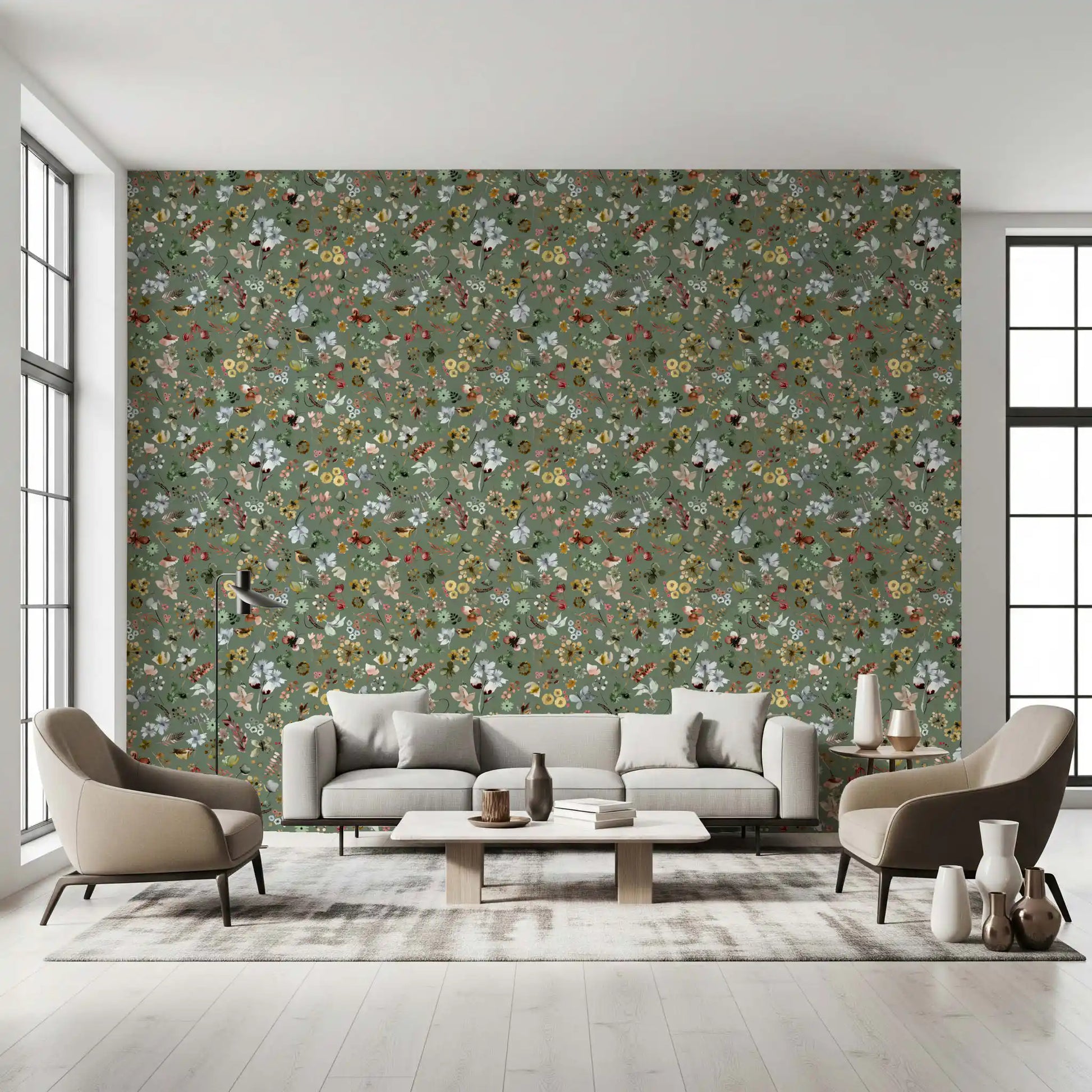 Tiny florals and slender leaves dot the Earthy Woodland Watercolor Jade Green Wallpaper.
