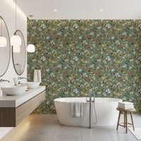 A bathroom feels calm with the Earthy Woodland Watercolor Jade Green Wallpaper