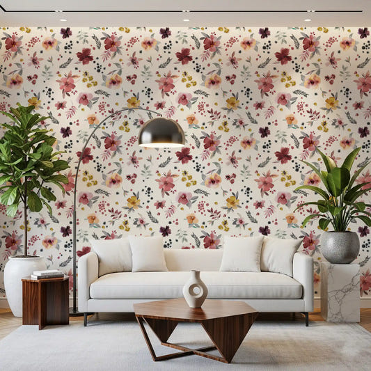 Living room set against the Soft Floral Countryside wallpaper in pastel blooms.