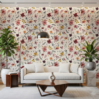 Living room set against the Soft Floral Countryside wallpaper in pastel blooms.