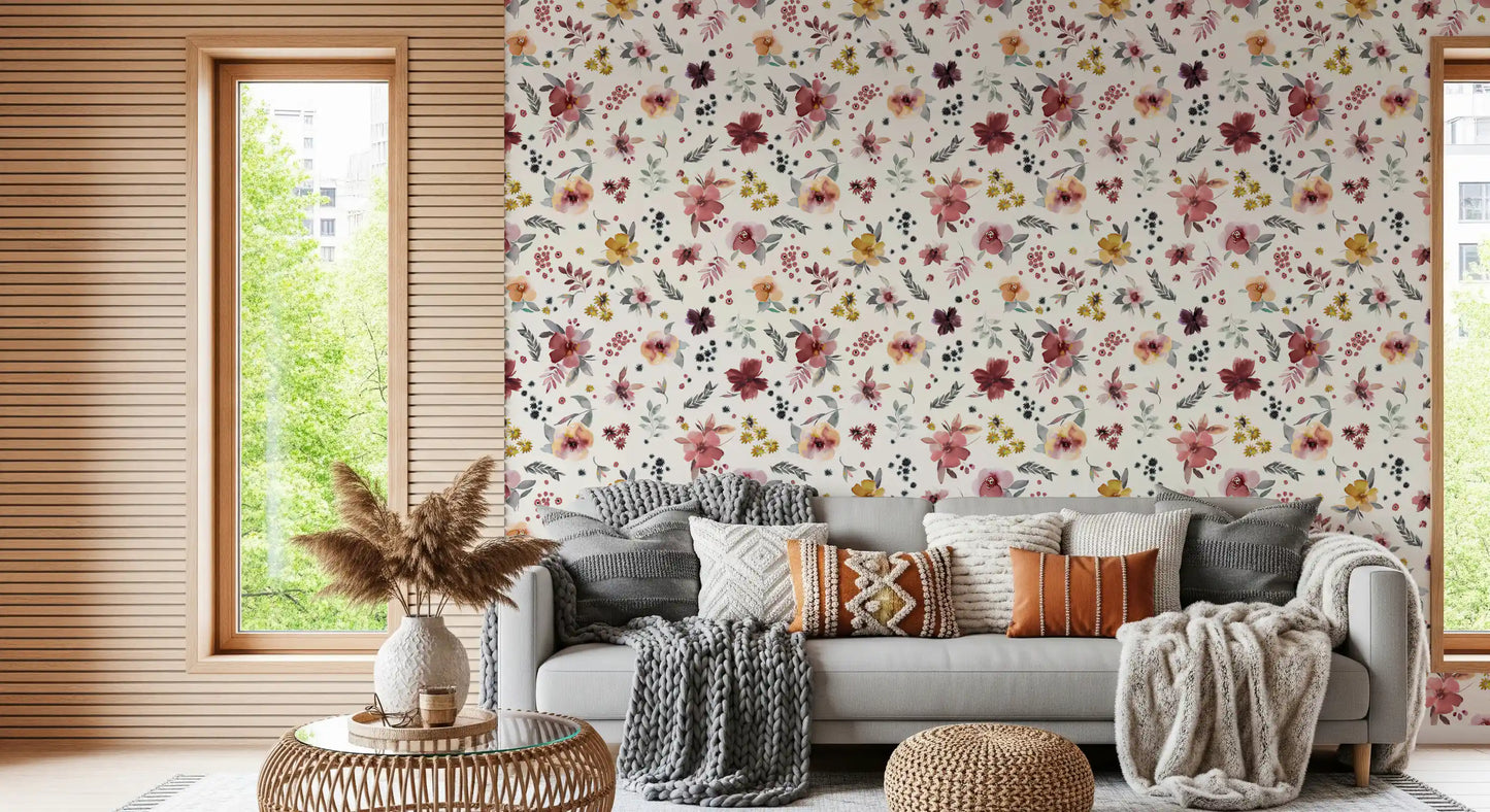 Rose, mustard, and plum blooms scatter on the Soft Floral Countryside wallpaper.