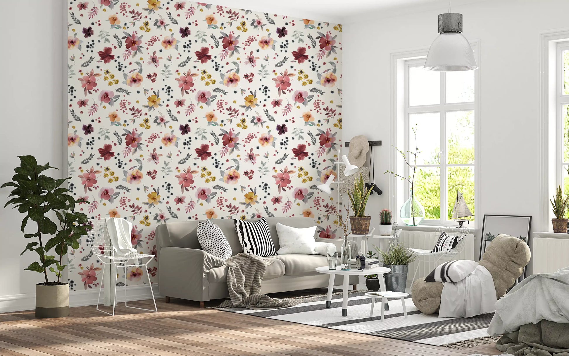 A hallway in cream tones takes the Soft Floral Countryside wallpaper into a meadow mood.