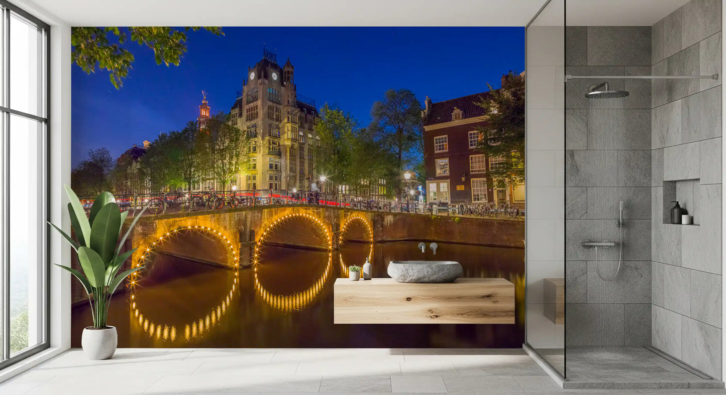 Wandbild Kanal durch Amsterdam Stadt