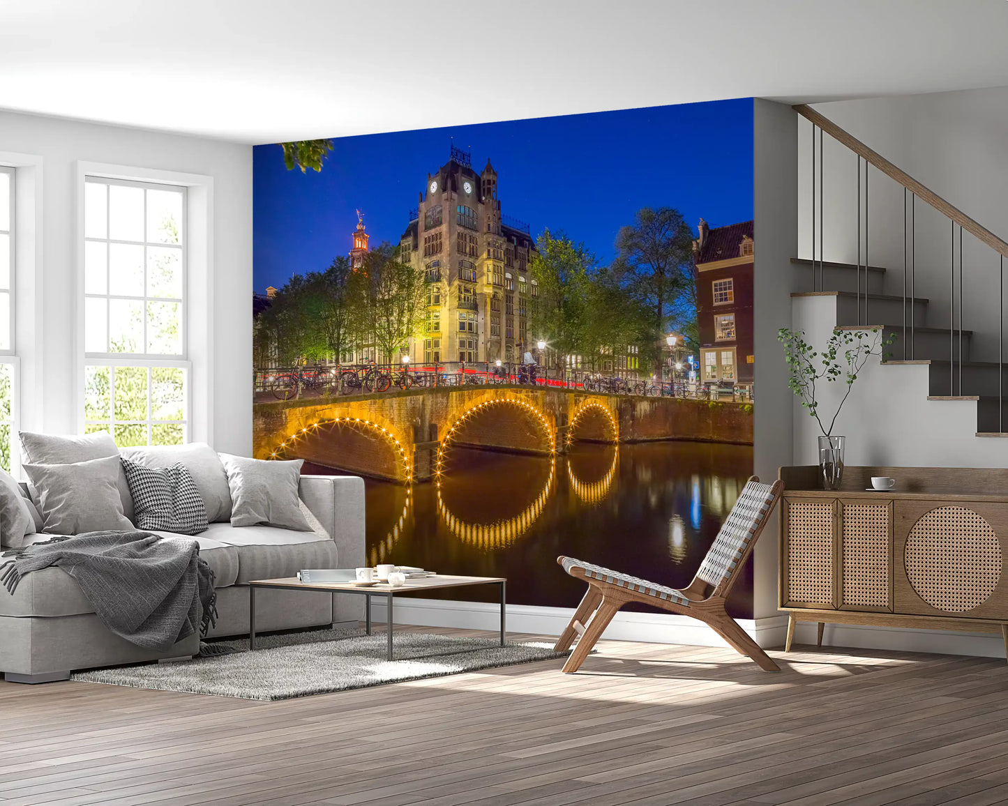 Wandbild Kanal durch Amsterdam Stadt