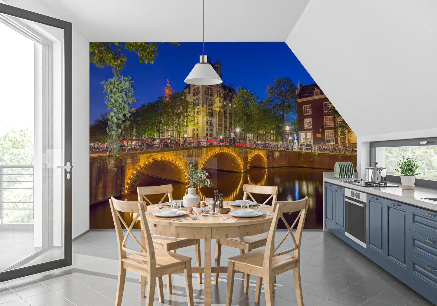 Wandbild Kanal durch Amsterdam Stadt