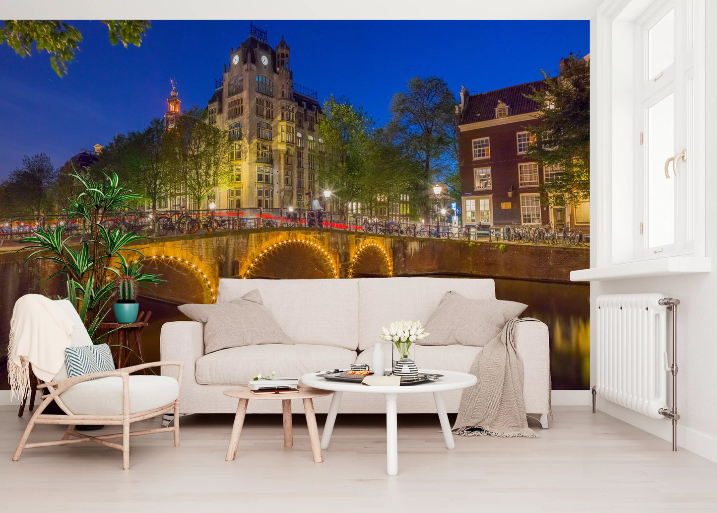 Wandbild Kanal durch Amsterdam Stadt