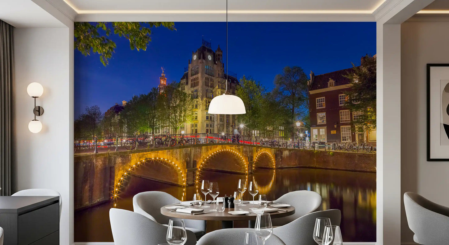 Wandbild Kanal durch Amsterdam Stadt