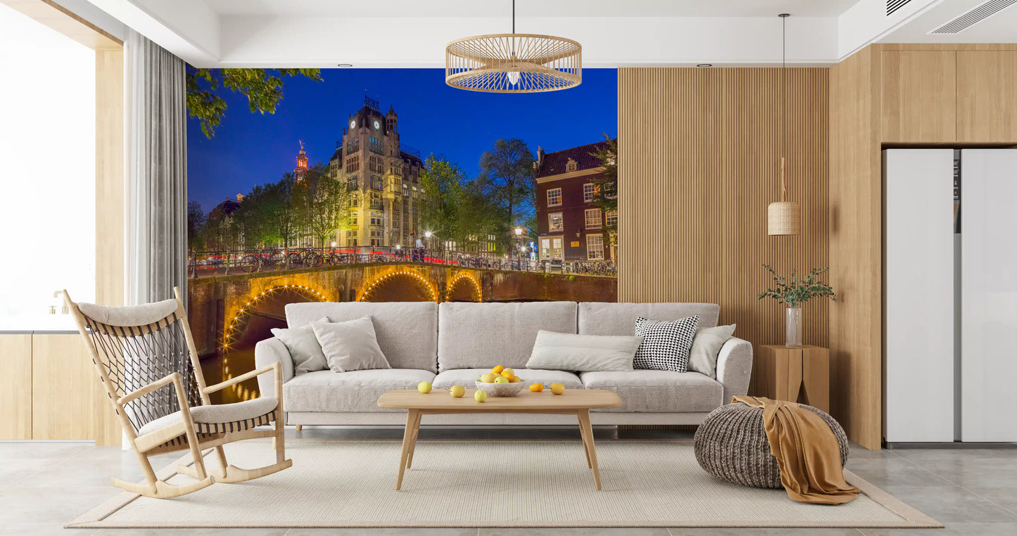 Wandbild Kanal durch Amsterdam Stadt