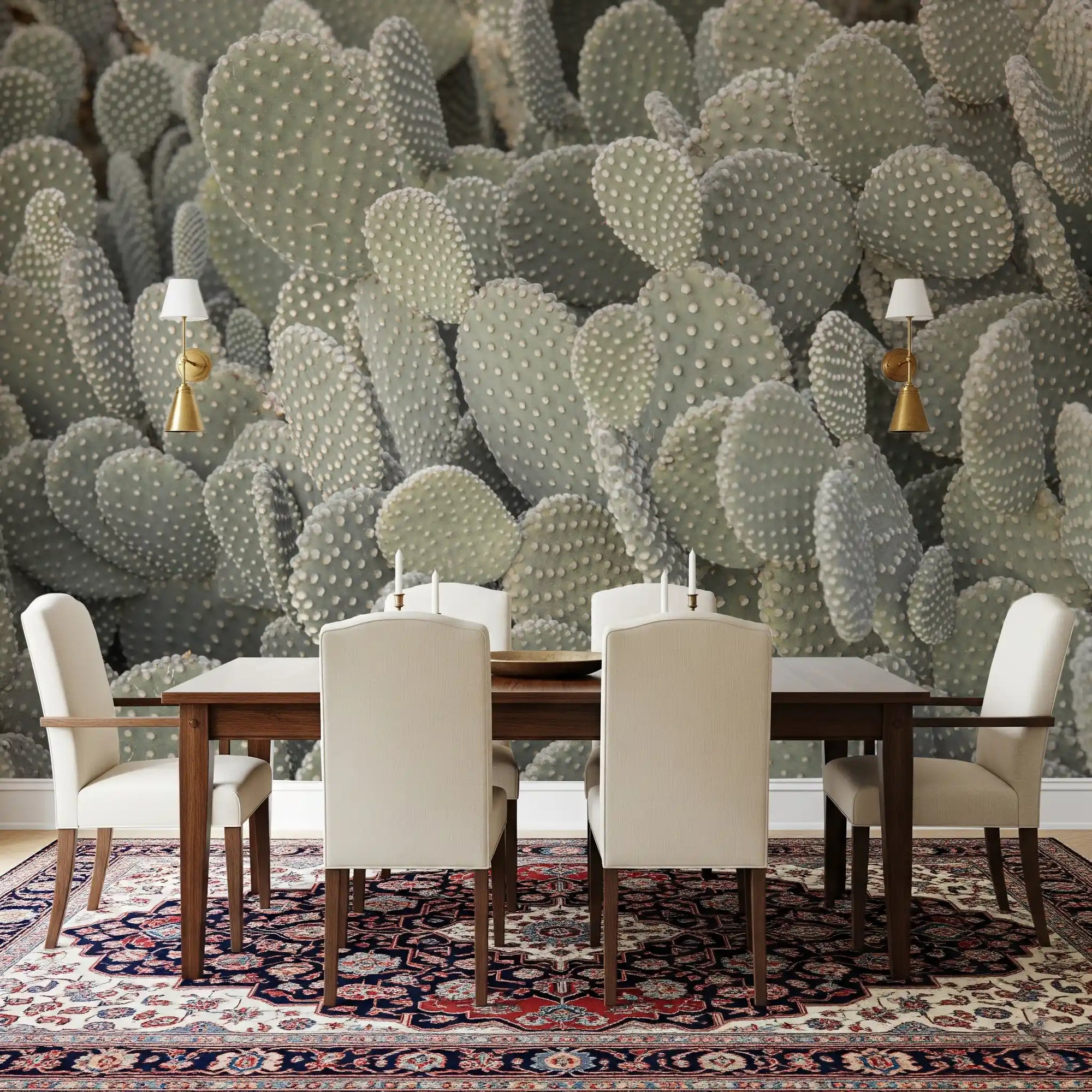 Dining room paired with the Cacti Background wall mural in pale sage tones