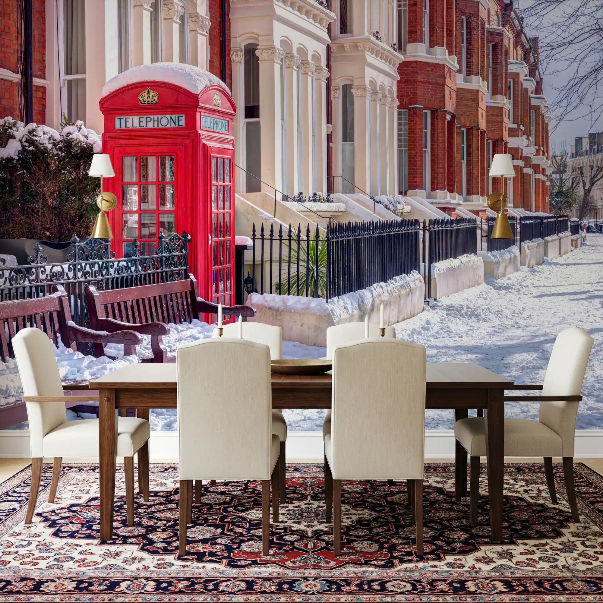 Snowy London wall mural fills a quiet dining room with a winter street feel.