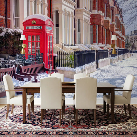 Snowy London wall mural fills a quiet dining room with a winter street feel.