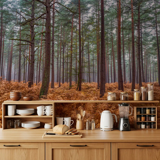 Kitchen leads the Pine Woods Ember Ferns wall mural into a foggy backdrop.