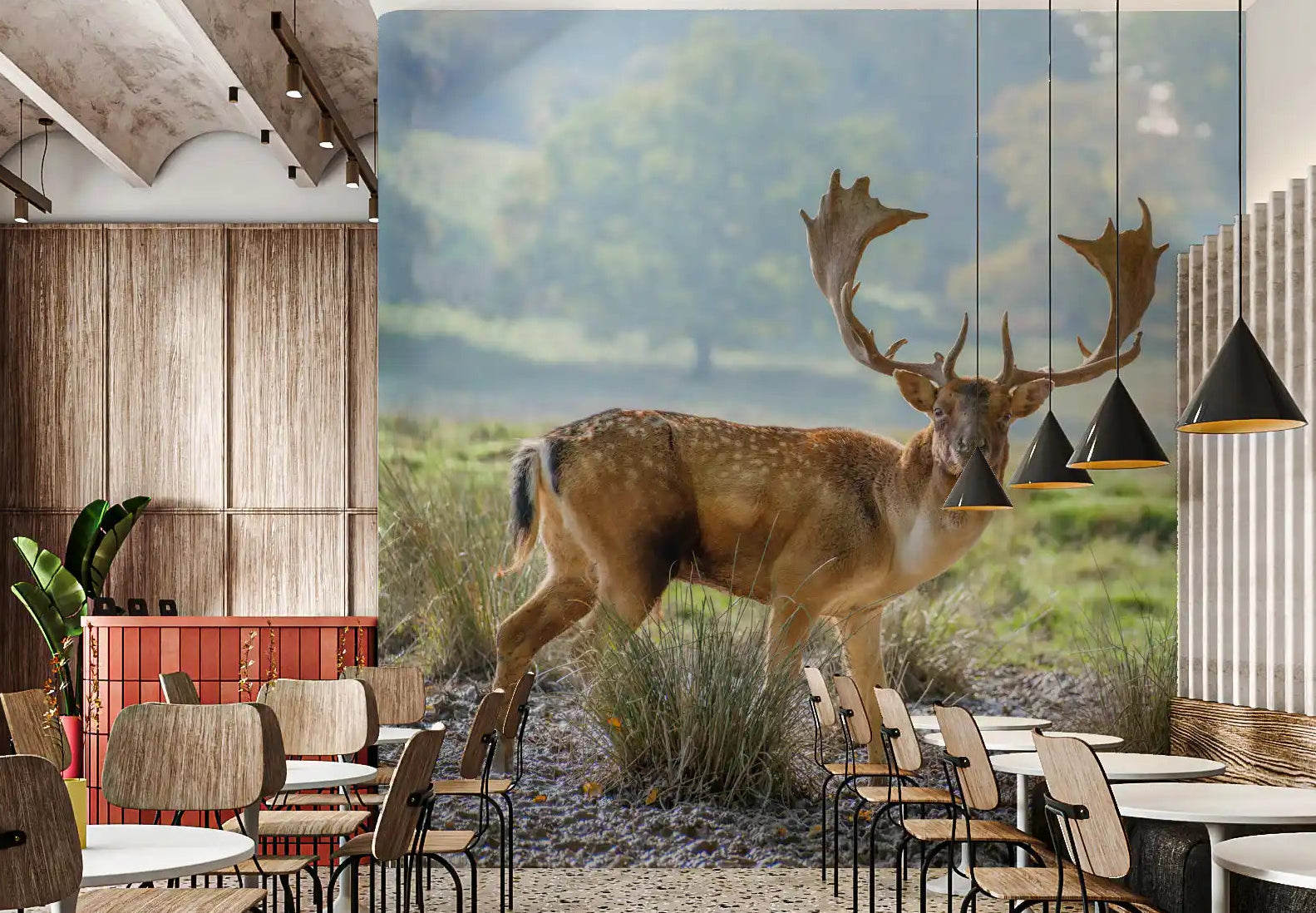 Woodland deer wall mural with forest trees and earthy tones