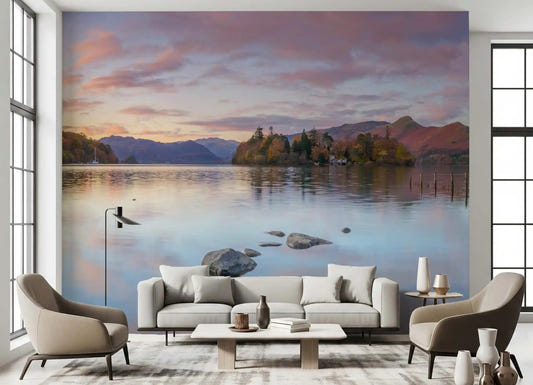 Autumn lakeside wall mural with golden trees and reflections