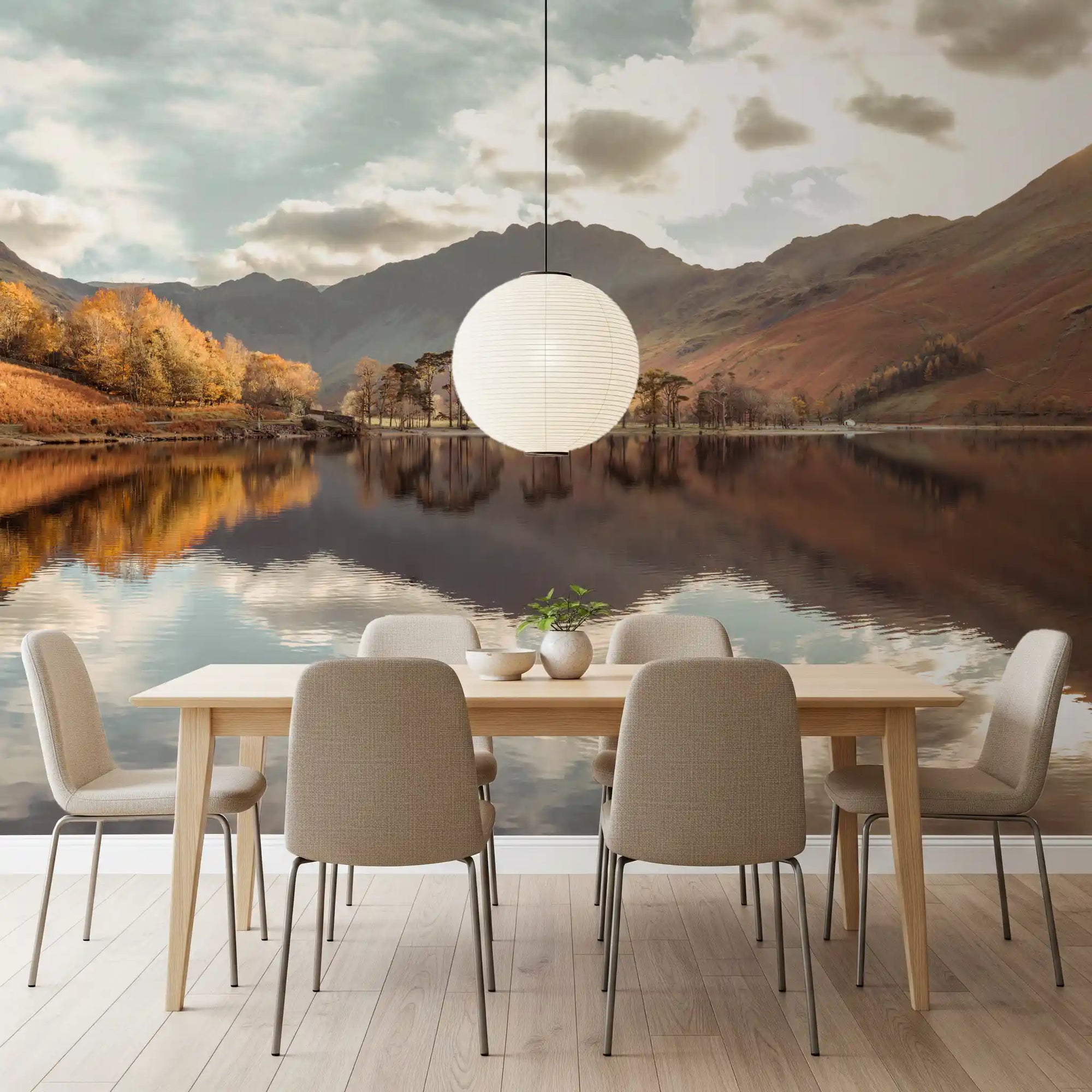 Autumn lake wall mural with golden trees and reflections