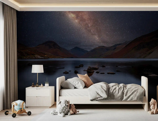 Milky Way wall mural reflected across a calm mountain lake