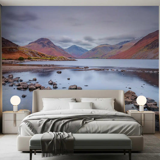 Autumn lake wall mural with mountain reflections and trees