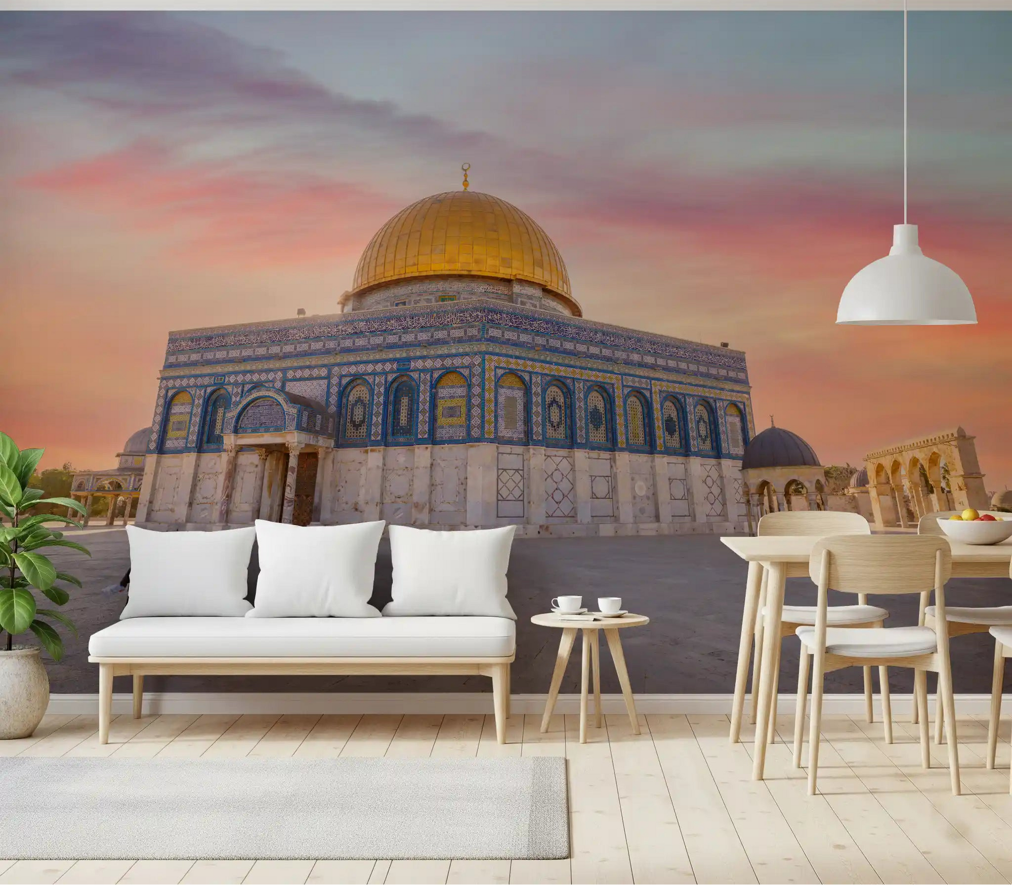 Jerusalem wall mural with Dome of the Rock at golden hour