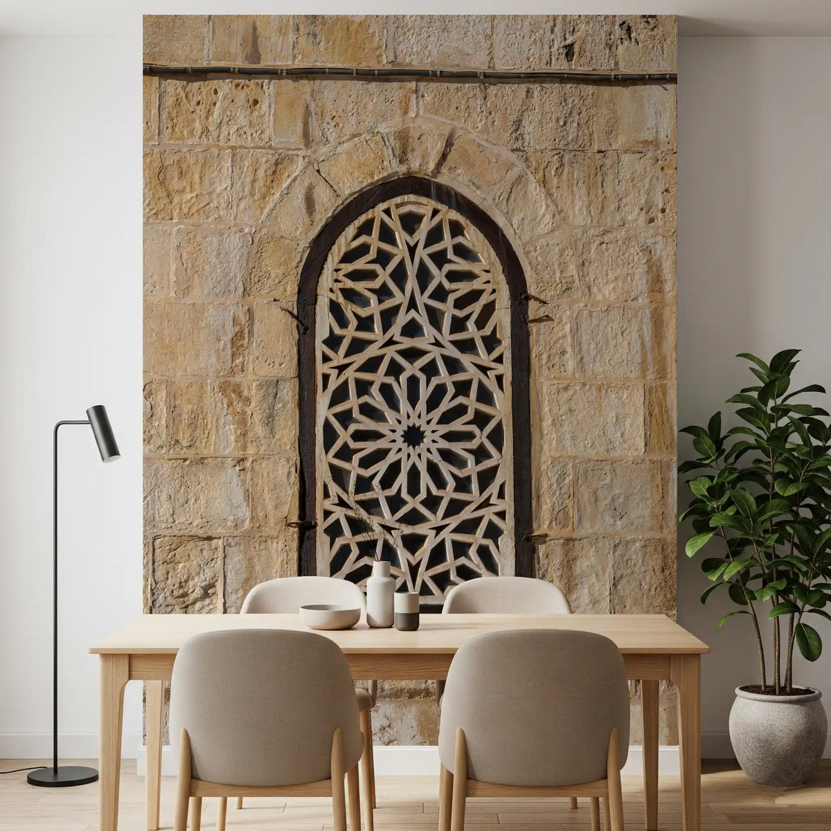 Moorish pattern wall mural with geometric arches and light