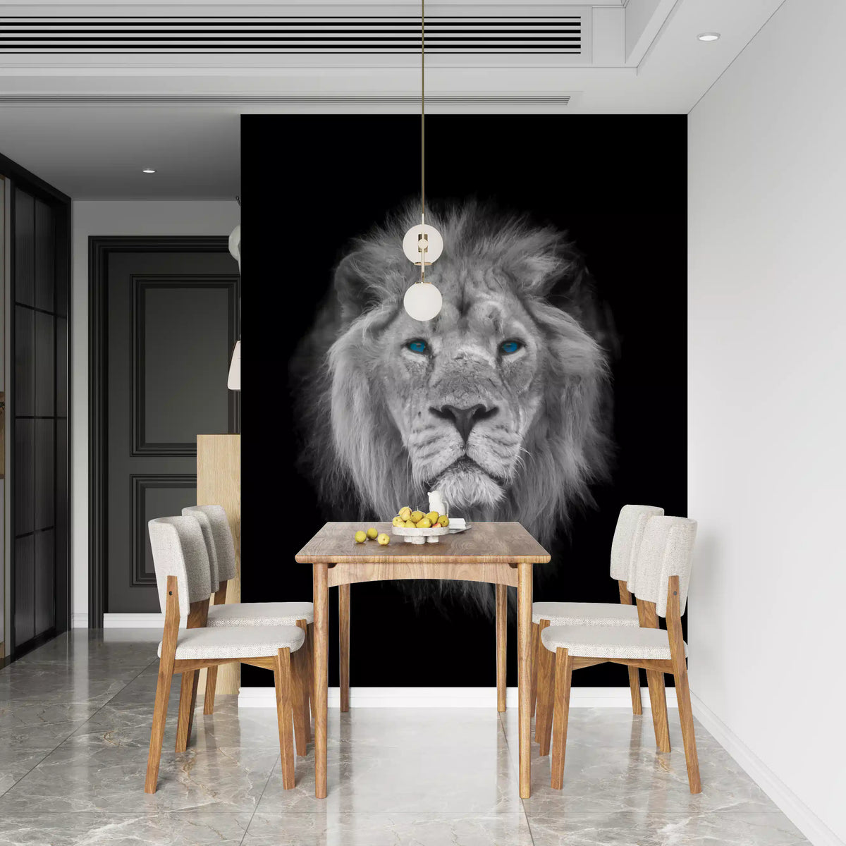 Lion wall mural with piercing azure blue eyes on black