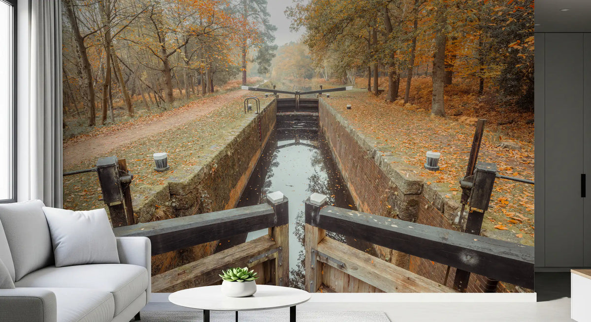 Autumn lake wall mural with amber leaves and reflections