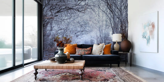 A snowy woodland tunnel fills the Living room in Winter's Enchanted Way Wall Mural.