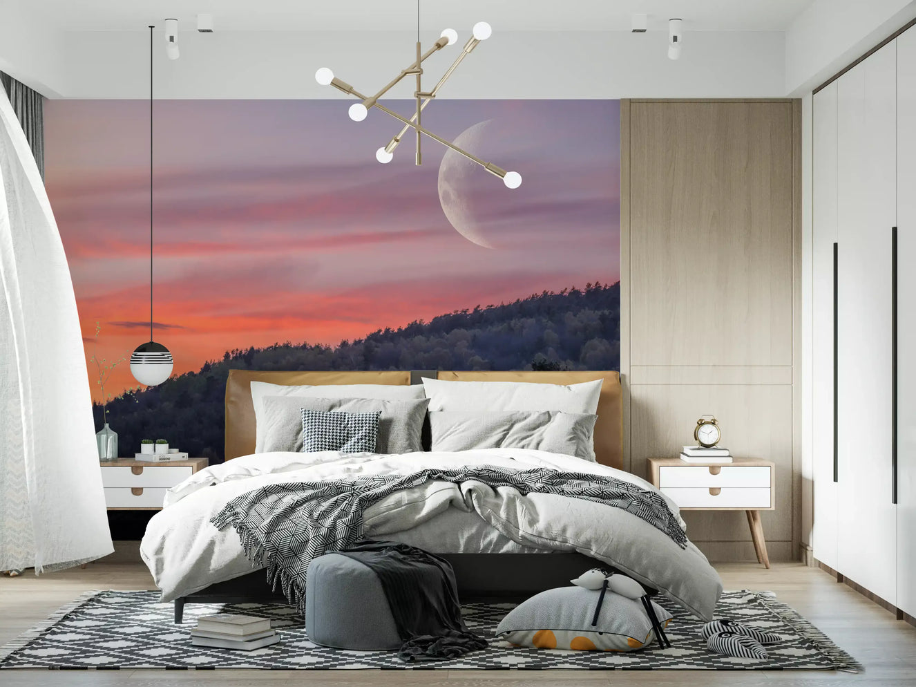 Fresque murale Forêt au crépuscule et croissant de lune
