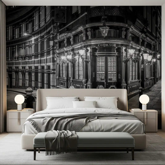 London street corner wall mural with glowing evening lights