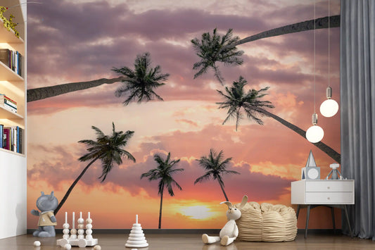 Sunset palm canopy wall mural with warm tropical sky colours