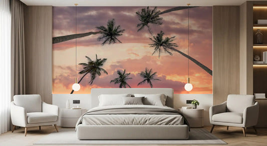 Tropical palm tree wall mural featuring glowing sunset tones