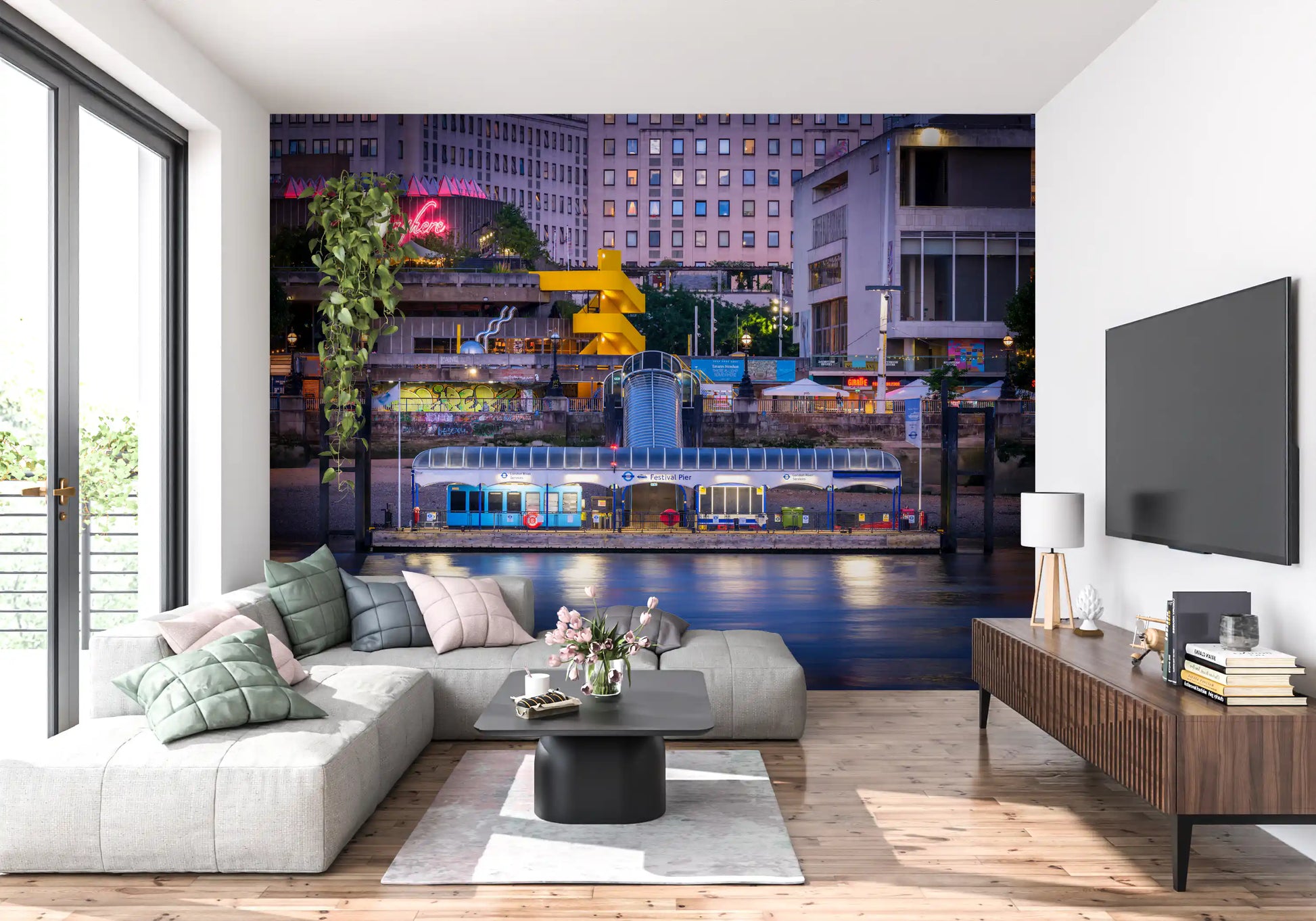 Waterfront skyline wall mural with warm lights and reflections

