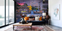 Nighttime cityscape wall mural featuring riverside reflections

