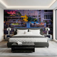 Southbank night wall mural with glowing riverside city lights
