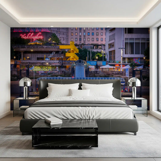 Southbank night wall mural with glowing riverside city lights
