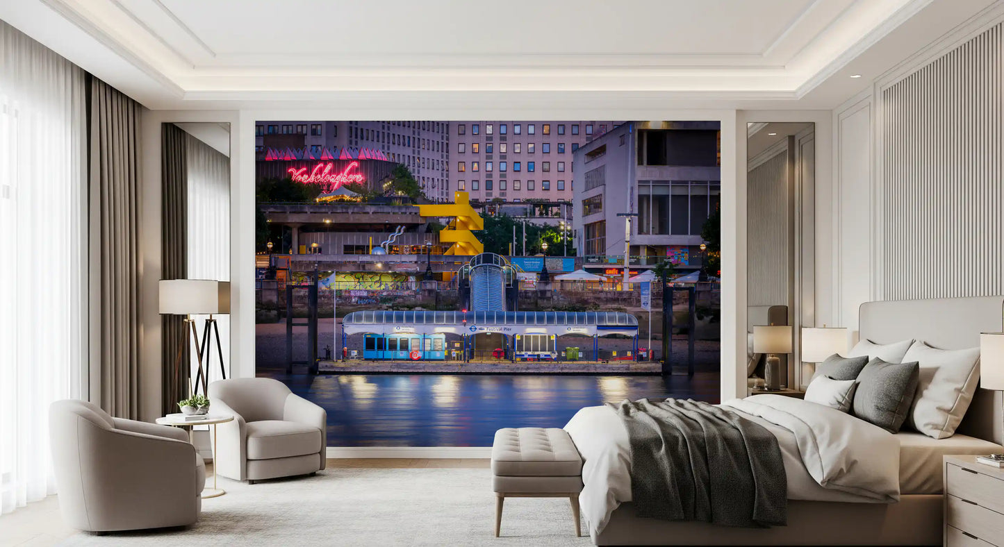 Urban night wall mural showcasing illuminated riverside scenery

